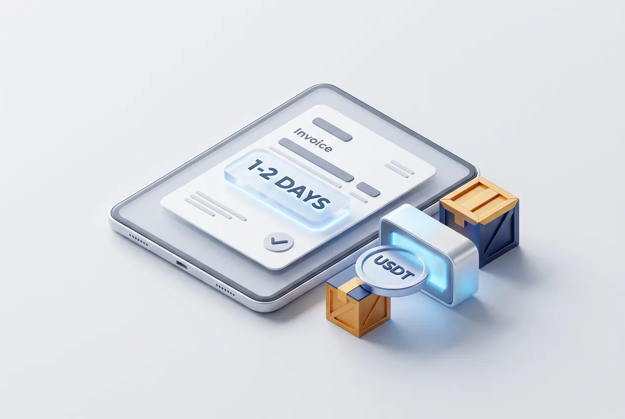 Изометрическая 3D-сцена оплаты инвойса контрагенту в USDT с доставкой за 1-2 дня