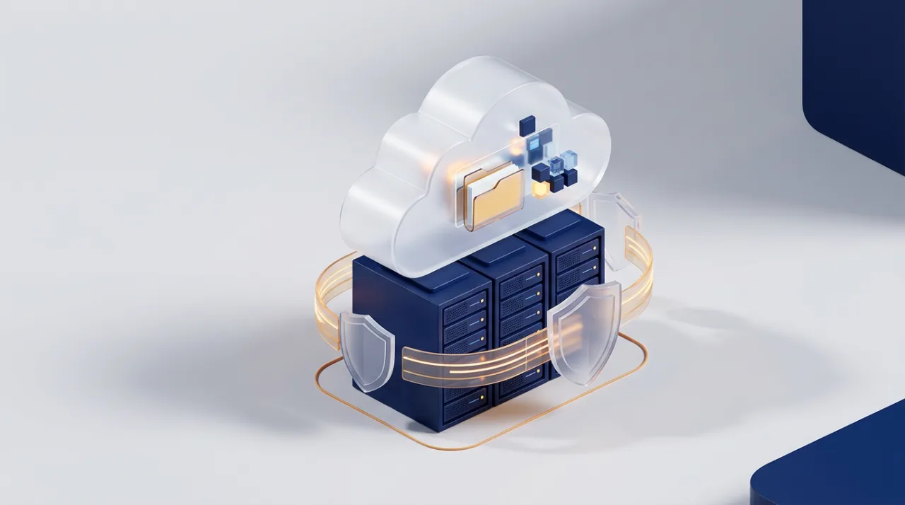 3D-иллюстрация защищенного облачного хранилища и серверов Yandex Cloud после восстановления.