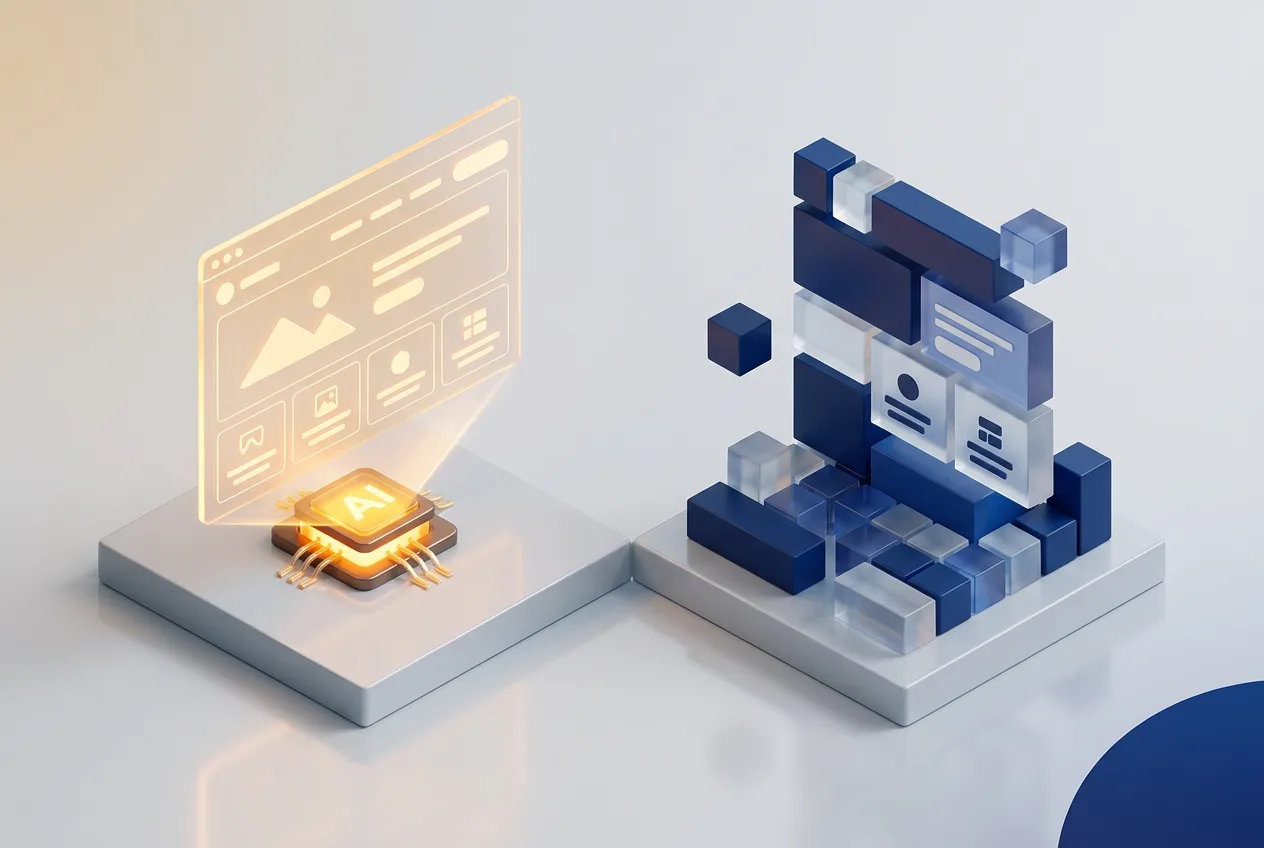 3D-сравнение ИИ-генерации сайтов GigaStudio с классическими блочными конструкторами Tilda и uKit.