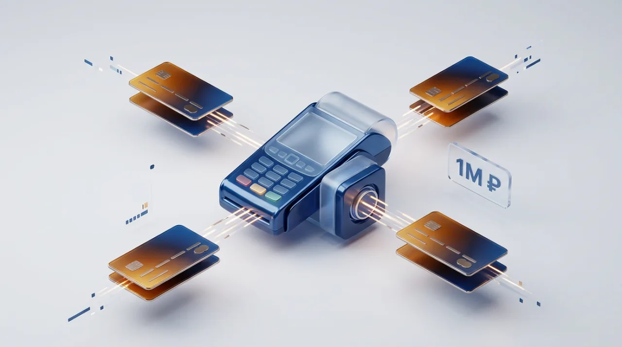 Изометрическая 3D-иллюстрация платёжной инфраструктуры TKB Pay с банковскими картами и лимитом выплат