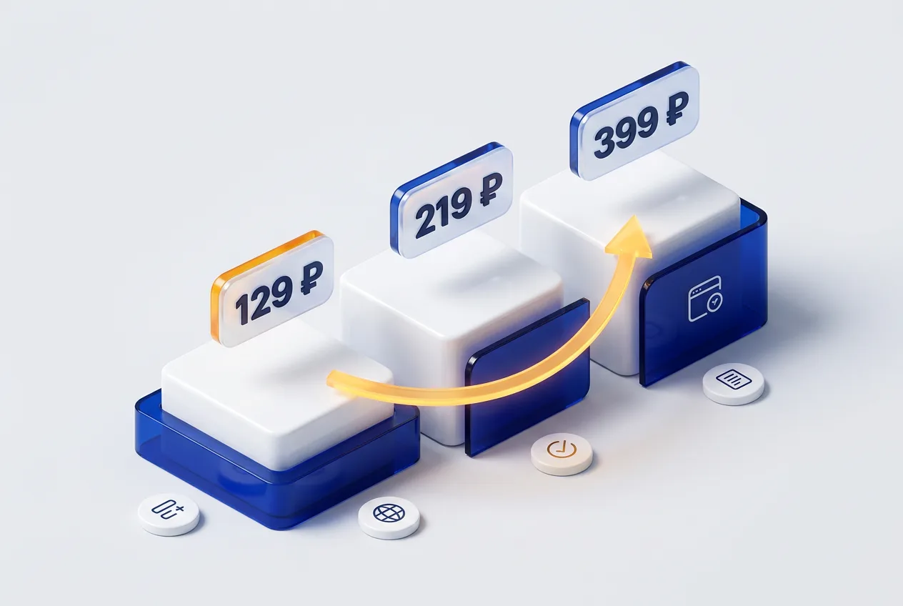 3D-инфографика со сравнением цен регистраторов доменов .ru: 129 ₽, 219 ₽ и 399 ₽
