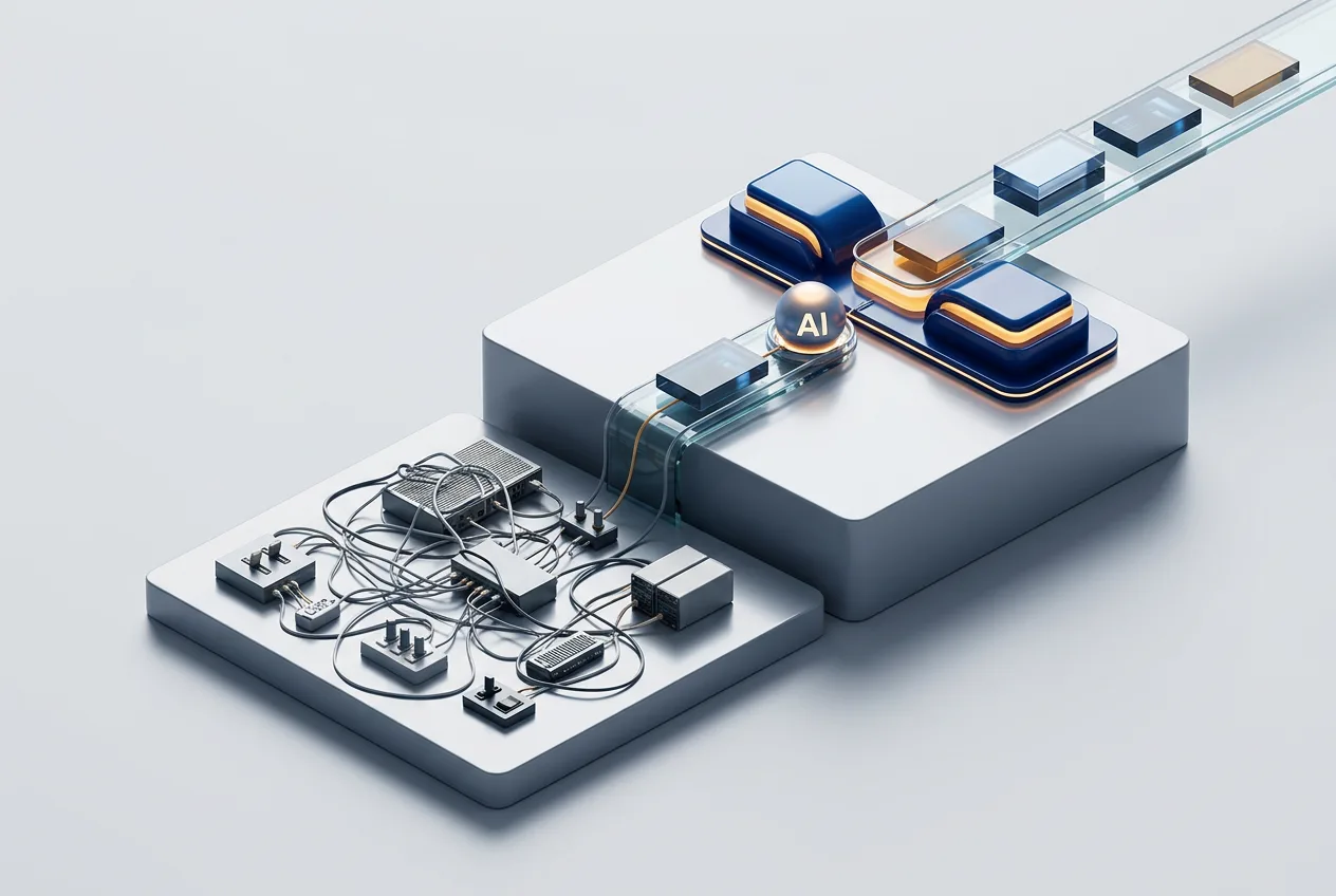 Сравнение традиционного CI/CD и платформы Cloud.ru Workflow Studio с ИИ в виде 3D-инфографики