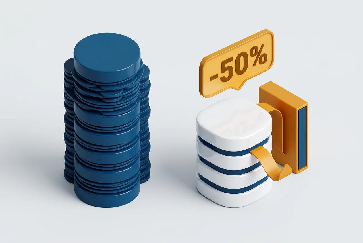 3D-схема сокращения объёма данных в СУБД Platform V Pangolin DB на 50 процентов