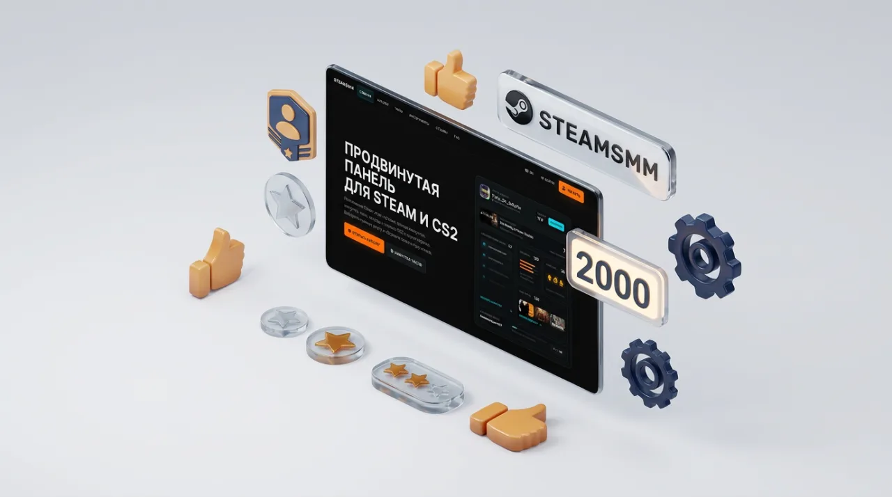 Изометрическая 3D-иллюстрация автоматизации сервиса SteamSMM со значками активности