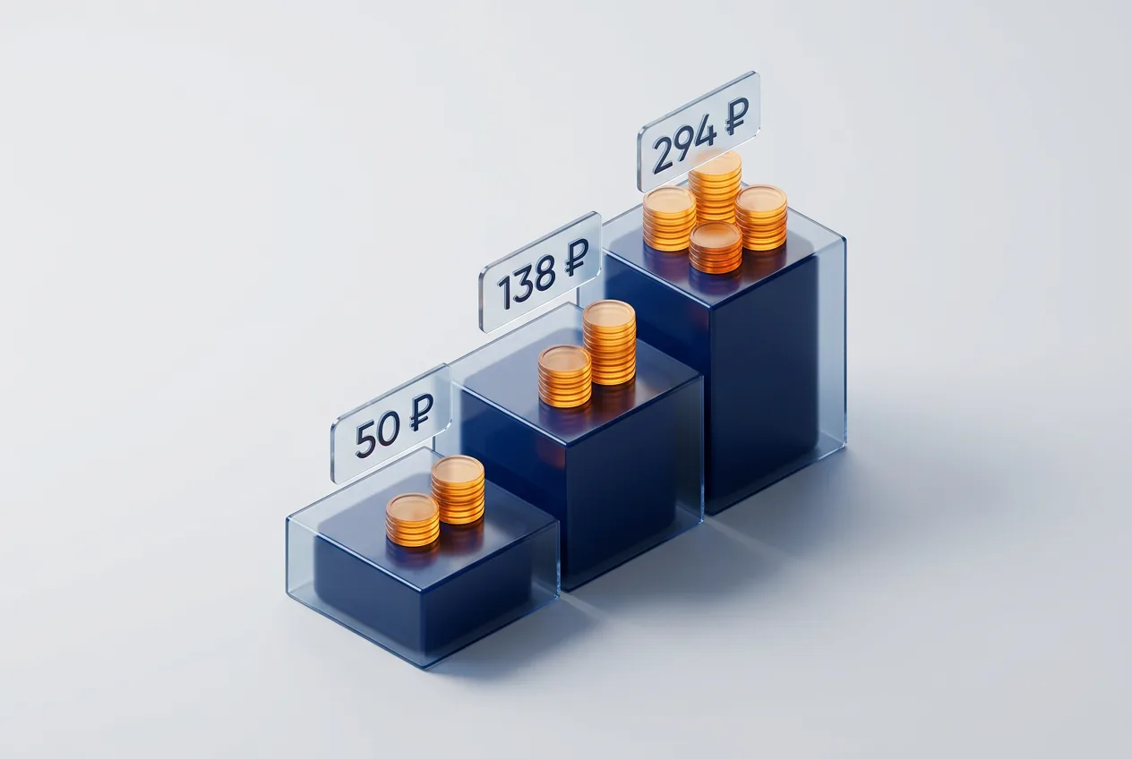 Изометрическая 3D-графика тарифов и монет ПикБлум с ценниками 50 ₽, 138 ₽ и 294 ₽