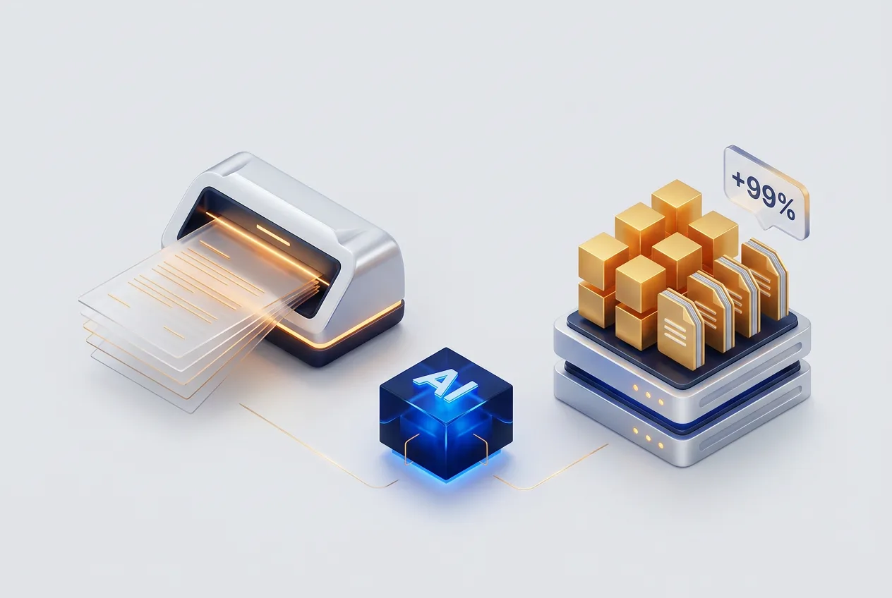 3D-схема процесса распознавания документов OCR и индексации данных для enterprise AI на базе LightOn.