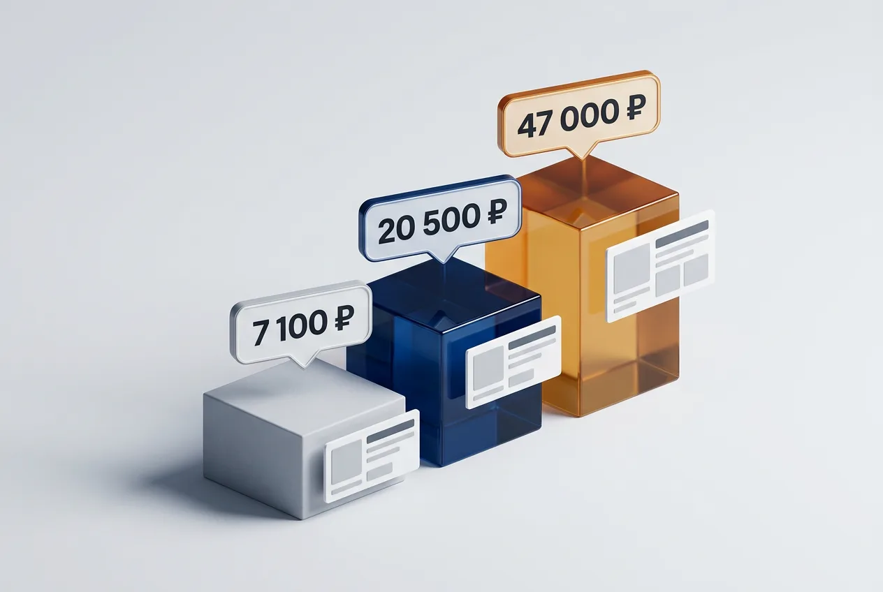 3D-инфографика тарифов 1С-Битрикс с ценами редакций Старт, Стандарт и Малый бизнес