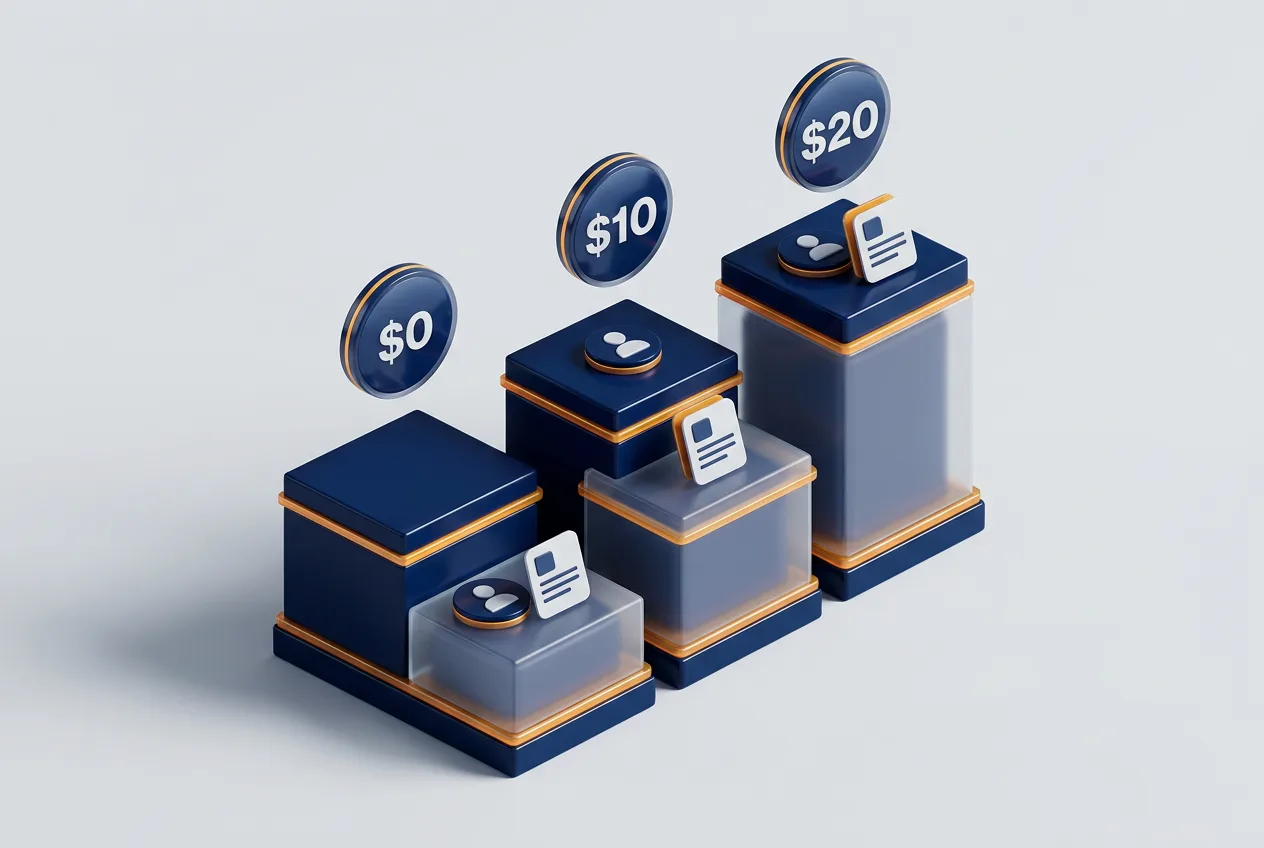 3D-инфографика тарифов Notion с колонками цен 0, 10 и 20 долларов на светлом фоне