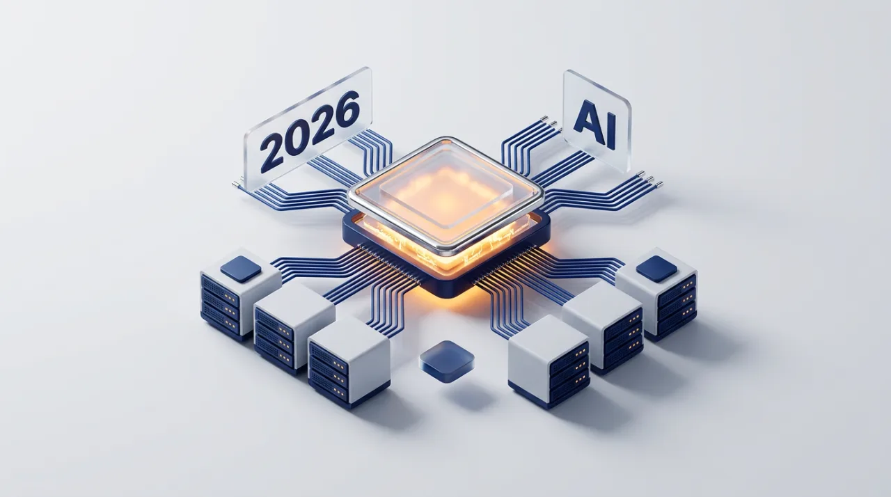 Изометрический 3D-процессор Timeweb AI с янтарной подсветкой и серверными блоками на светлом фоне.