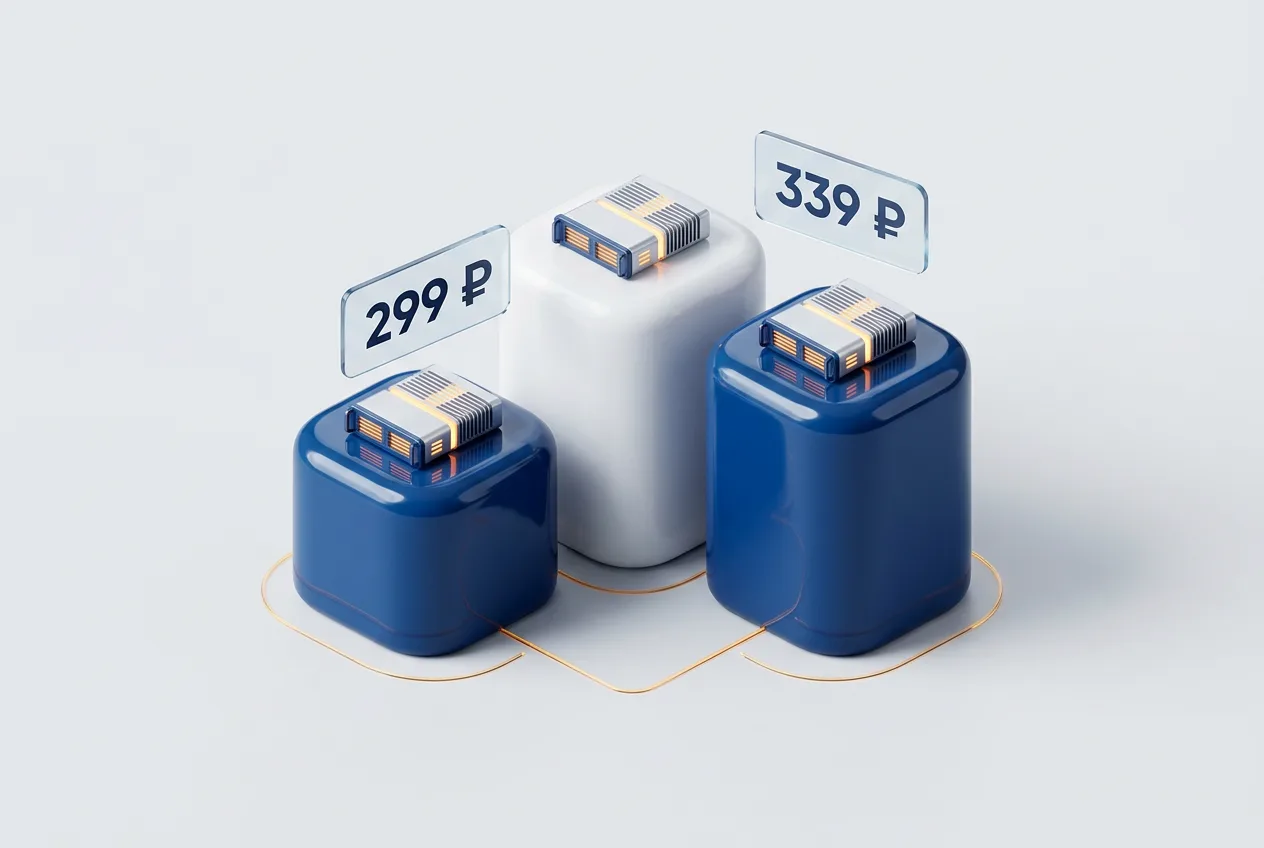 Сравнение тарифов VPS-хостинга FirstVDS, AdminVPS и HOSTKEY в виде 3D-инфографики.