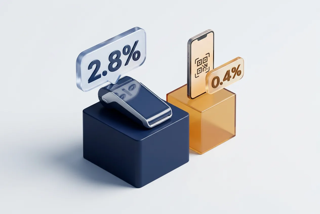 3D-инфографика сравнения ставок эквайринга со значениями 2,8% и 0,4%.