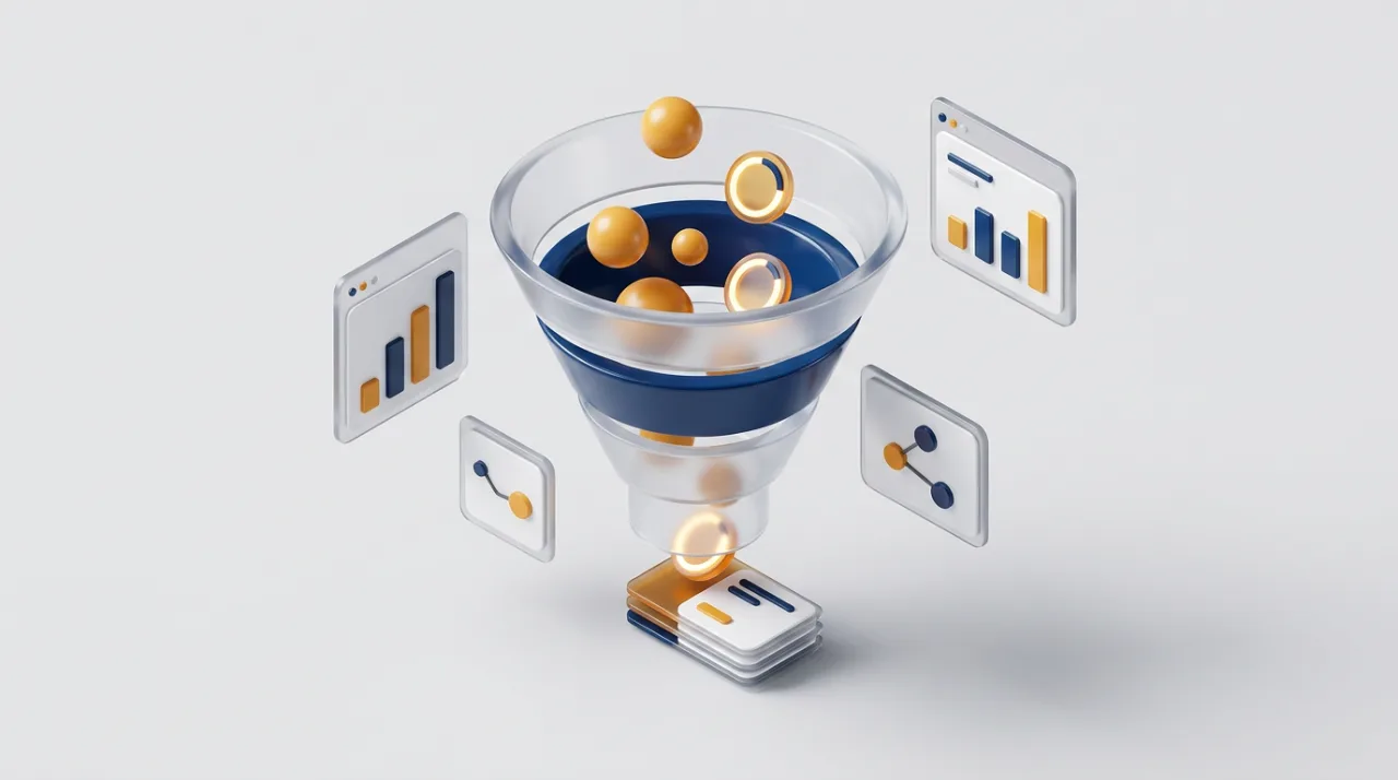 Обзор amoCRM 2026: 3D-иллюстрация воронки продаж и аналитической панели CRM-системы
