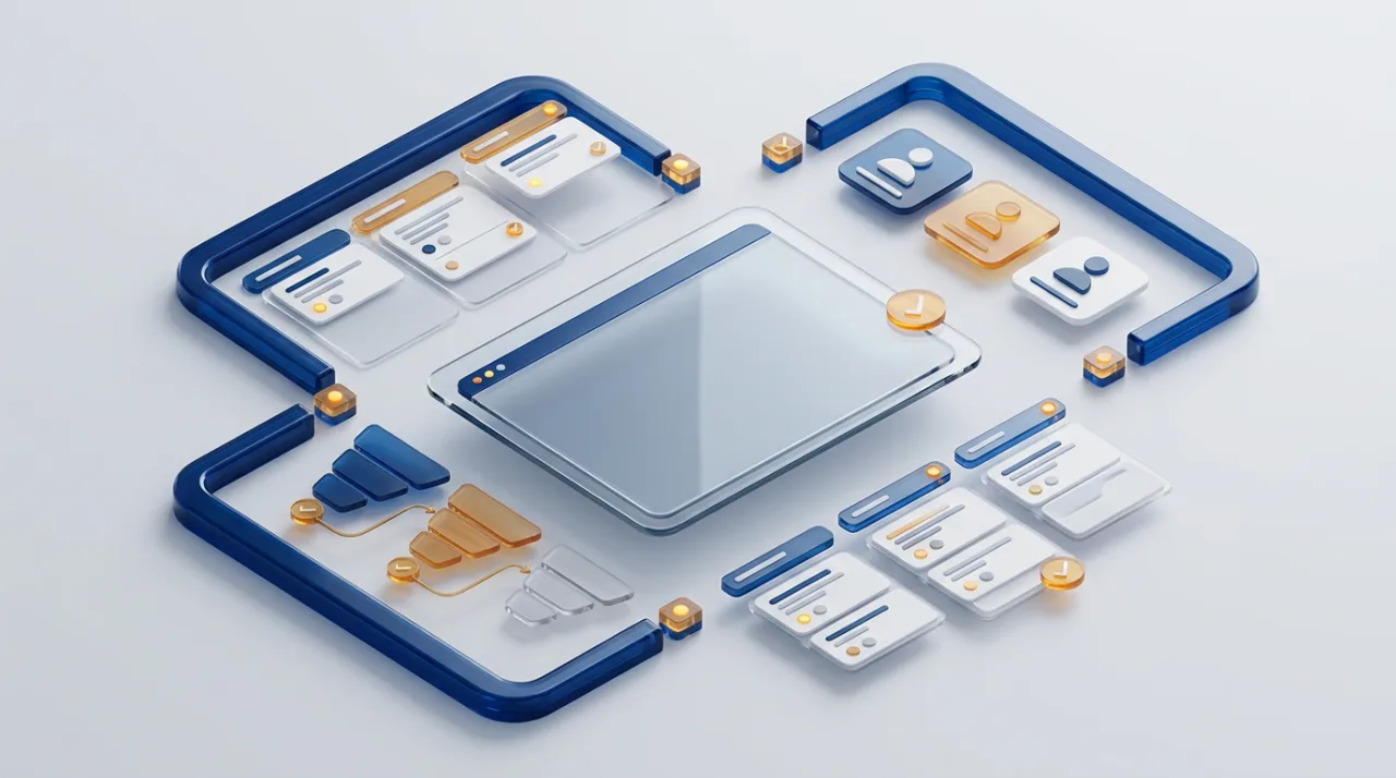 Изометрическая 3D-иллюстрация интерфейса Mango CRM с воронкой лидов, карточками клиентов и задачами