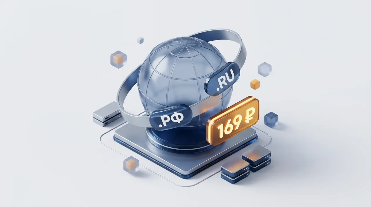 3D-иллюстрация регистрации доменов .ru и .рф на Defin.ru по тарифам 2026 года