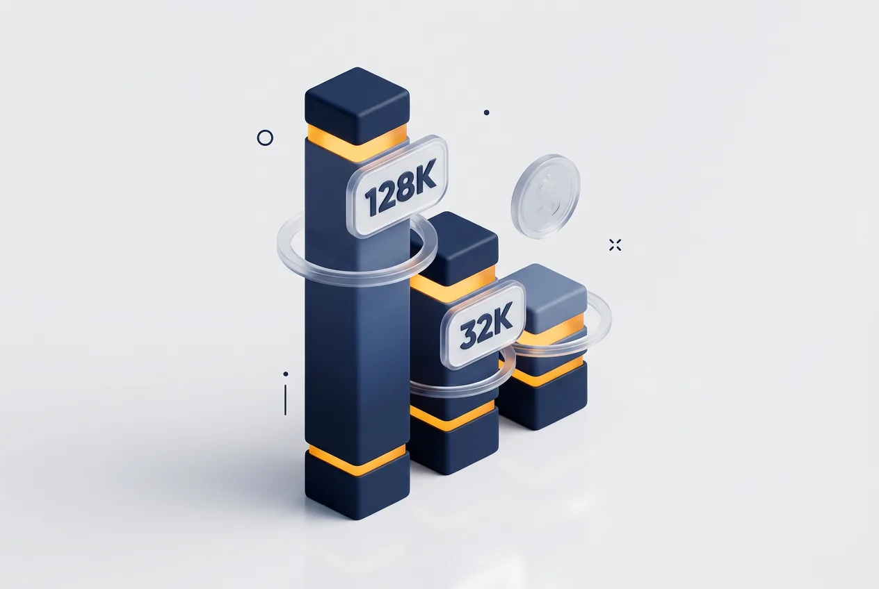 3D-инфографика сравнения контекстного окна нейросетей в Yandex Cloud AI Studio: 32K и 128K токенов