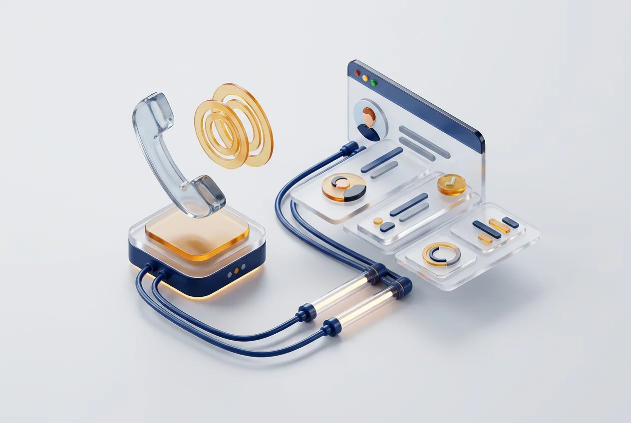 Изометрическая 3D-графика интеграции облачной телефонии MANGO OFFICE с OkoCRM