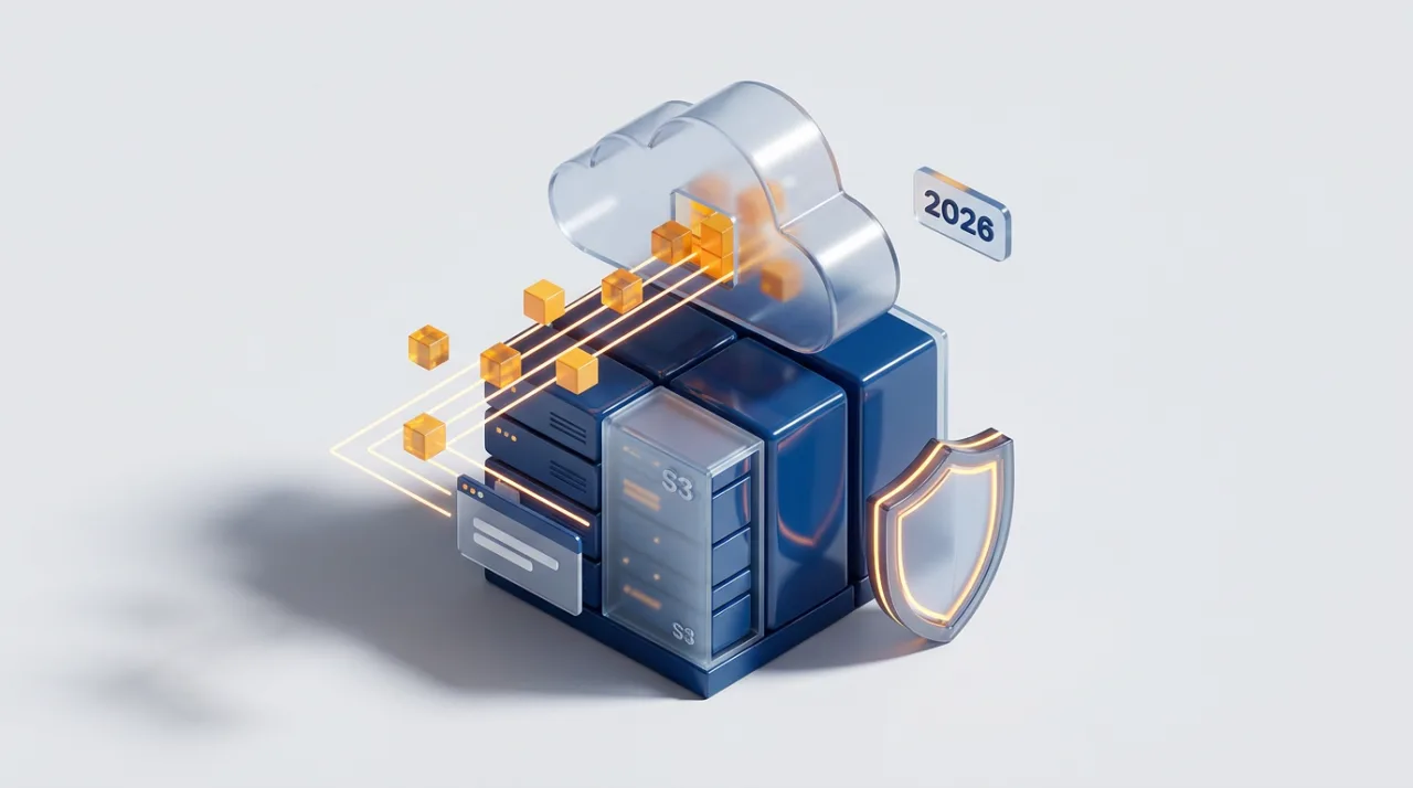 Изометрическая 3D-иллюстрация облачного хранилища Yandex Cloud Storage с серверами и защитой
