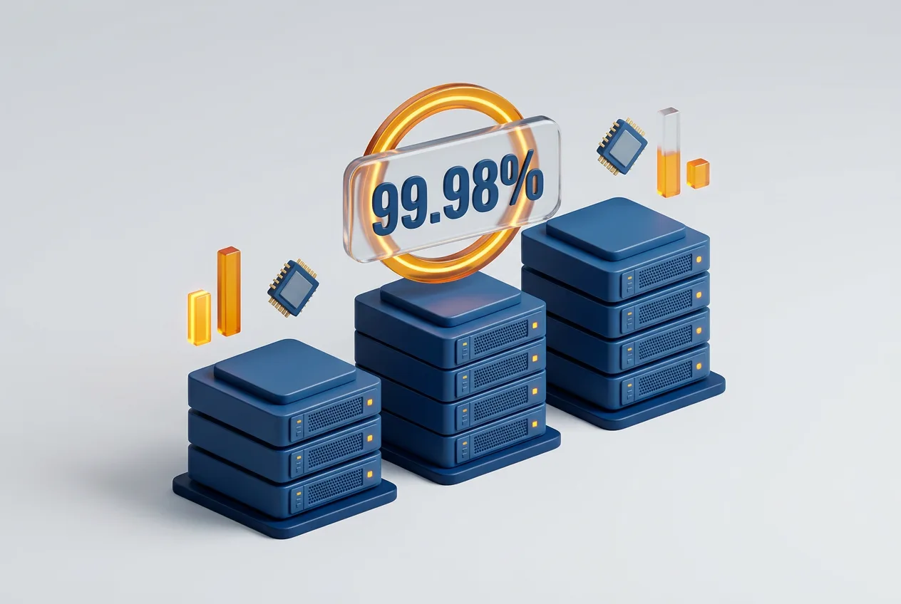 Изометрическая 3D-инфографика сравнения надежности и SLA облачных серверов VPS.