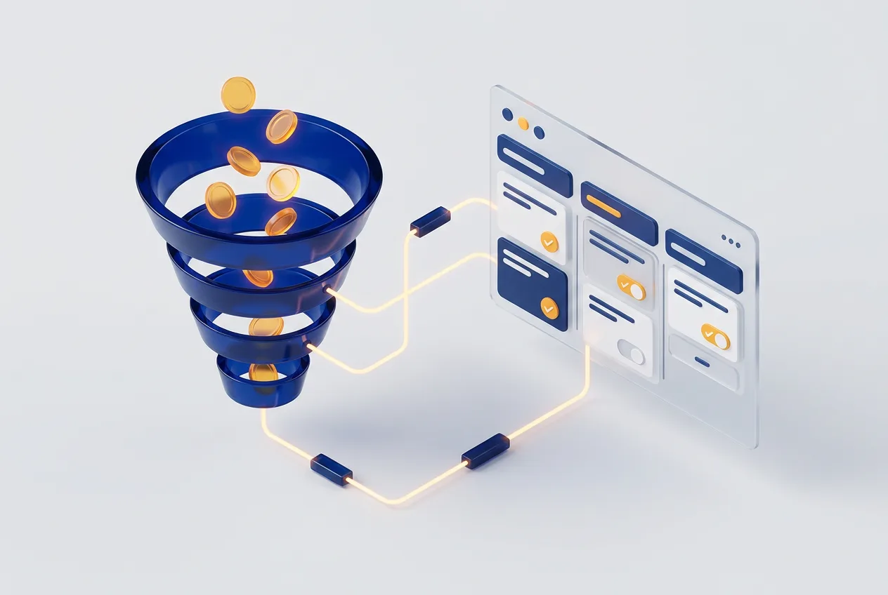 Изометрическая 3D-схема связки воронки продаж и таск-трекера в OkoCRM