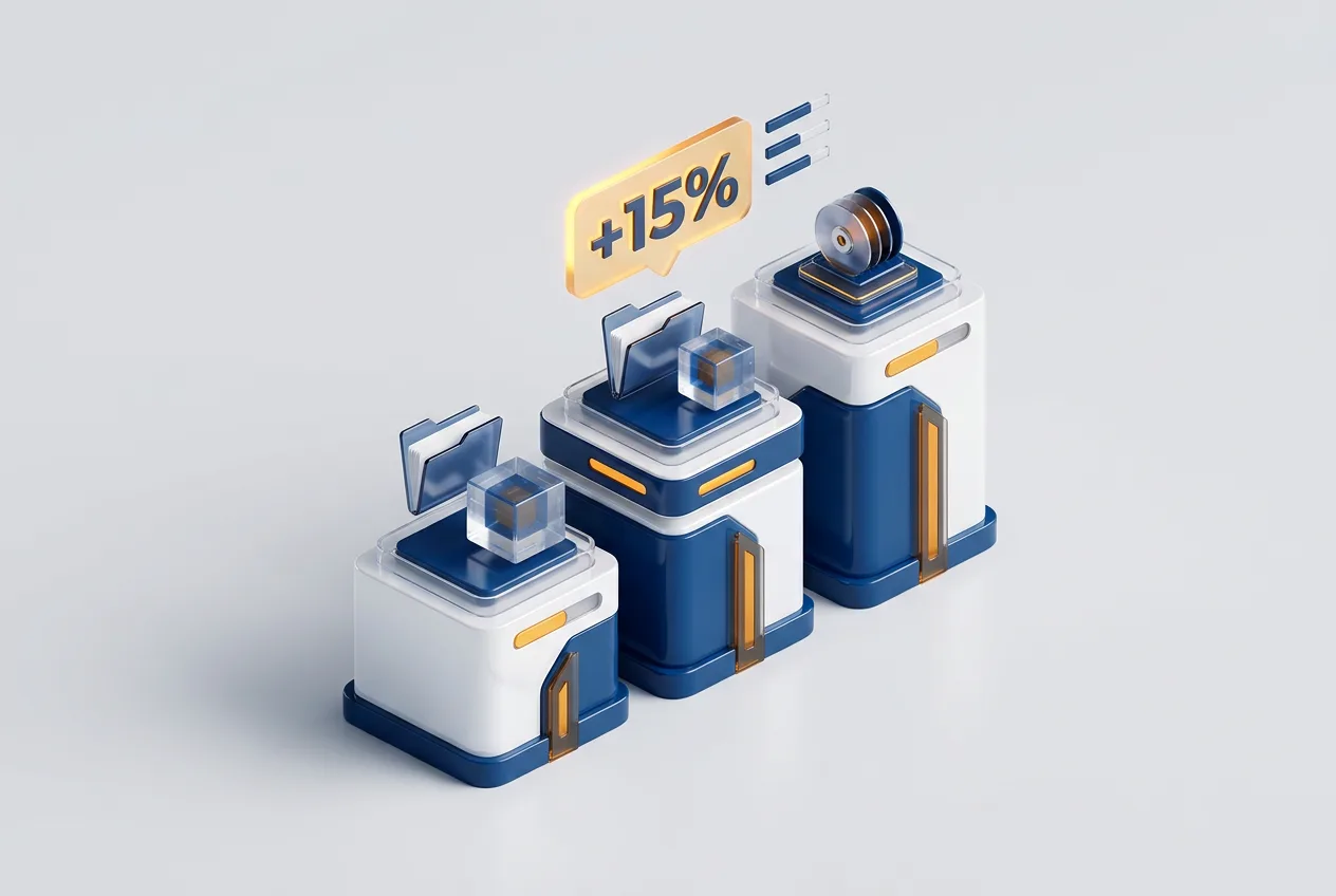 3D-инфографика сравнения тарифов и характеристик облачных хранилищ S3 на светлом фоне