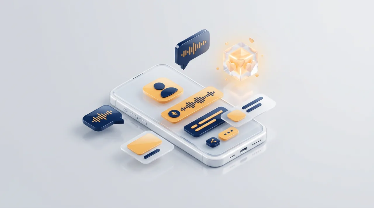Изометрическая 3D-иллюстрация ИИ-чата Flirtella с виртуальной девушкой, смартфон и светящееся нейроядро