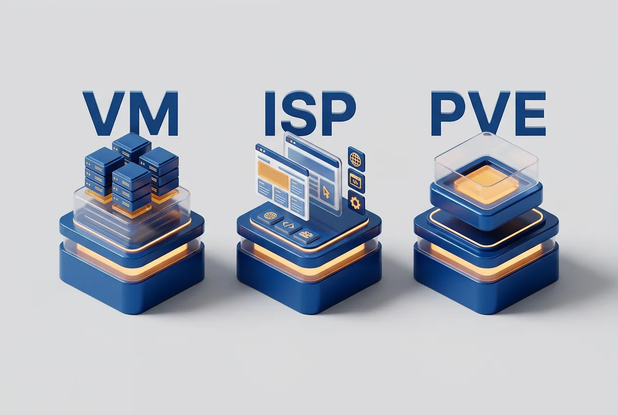 Сравнение архитектур VMmanager, ISPmanager и Proxmox VE на трех изометрических постаментах.