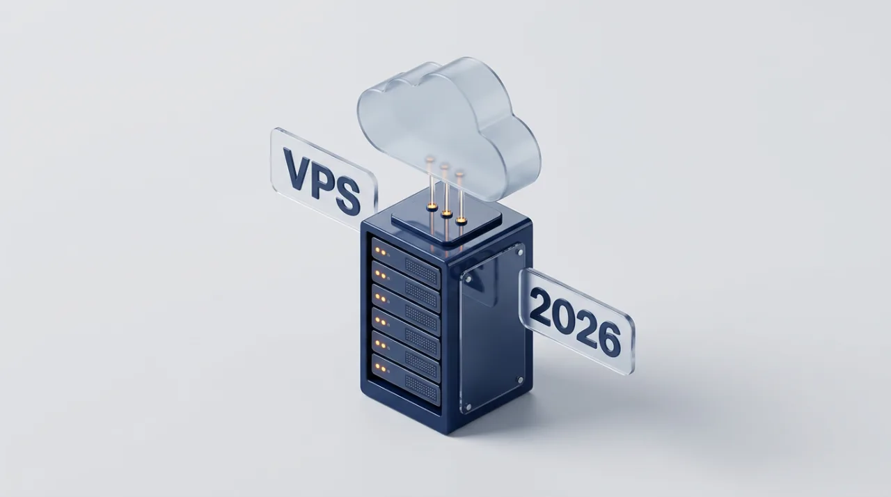 Изометрическая 3D-иллюстрация облачного VPS-сервера со стойкой и светящимися индикаторами на сером фоне.