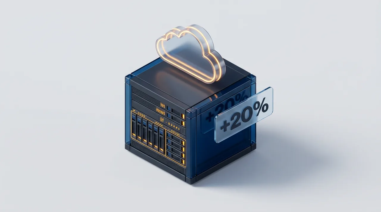 Изометрическая 3D-иллюстрация выделенного сервера HOSTKEY с индикаторами и облачным элементом