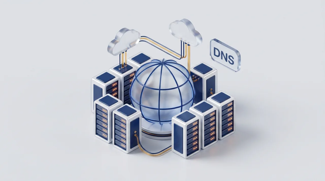 3D-иллюстрация DNS-хостинга со стилизованным глобусом, сервером и облачной инфраструктурой