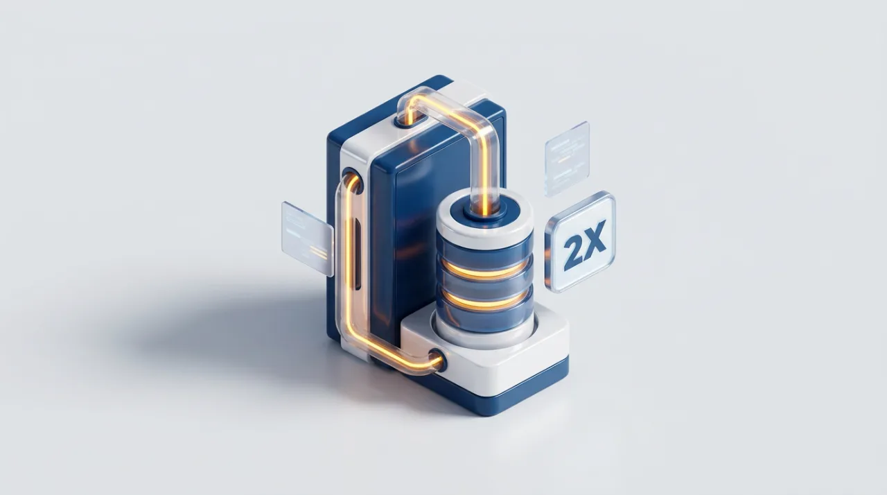 3D-иллюстрация оптимизированной СУБД Platform V Pangolin DB с серверами и индикатором 2X