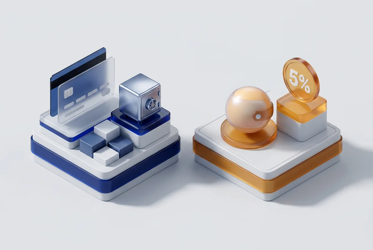 3D-сравнение функций Яндекс Пэй и ЮMoney: банковские карты, сбережения и кешбэк.