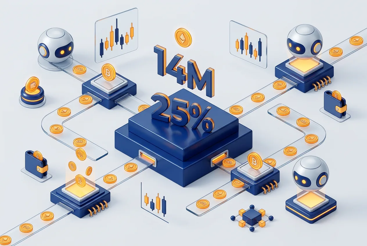 3D-графика активности и транзакций AI-агентов в блокчейне XRP Ledger.