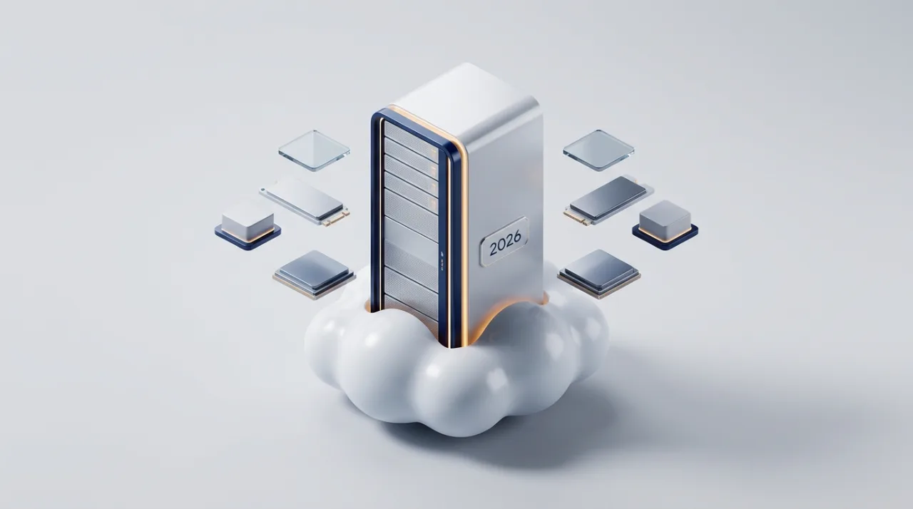 Изометрическая 3D-иллюстрация сервера VPS и облака к тарифам Timeweb Cloud 2026 года