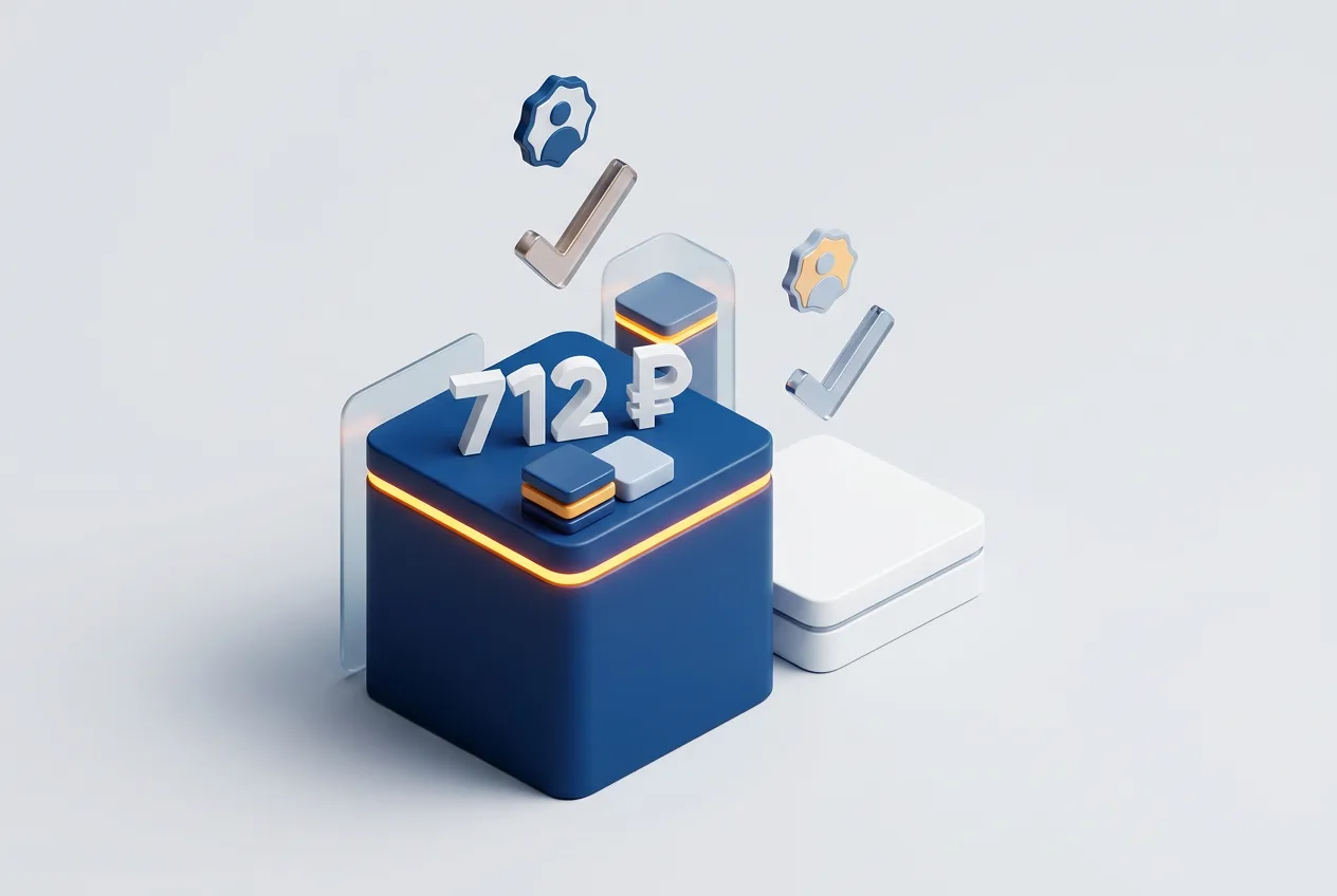 3D-инфографика тарифов OkoCRM с ценой 712 рублей и сравнением функционала