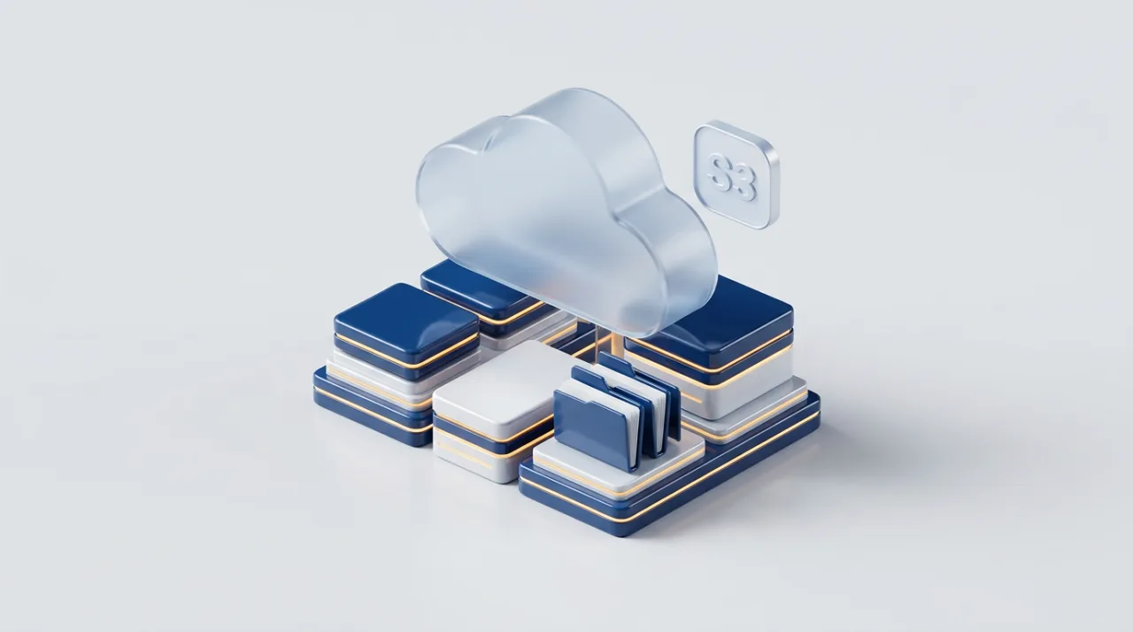 3D-иллюстрация облачного хранилища данных Yandex Object Storage с серверами и папками