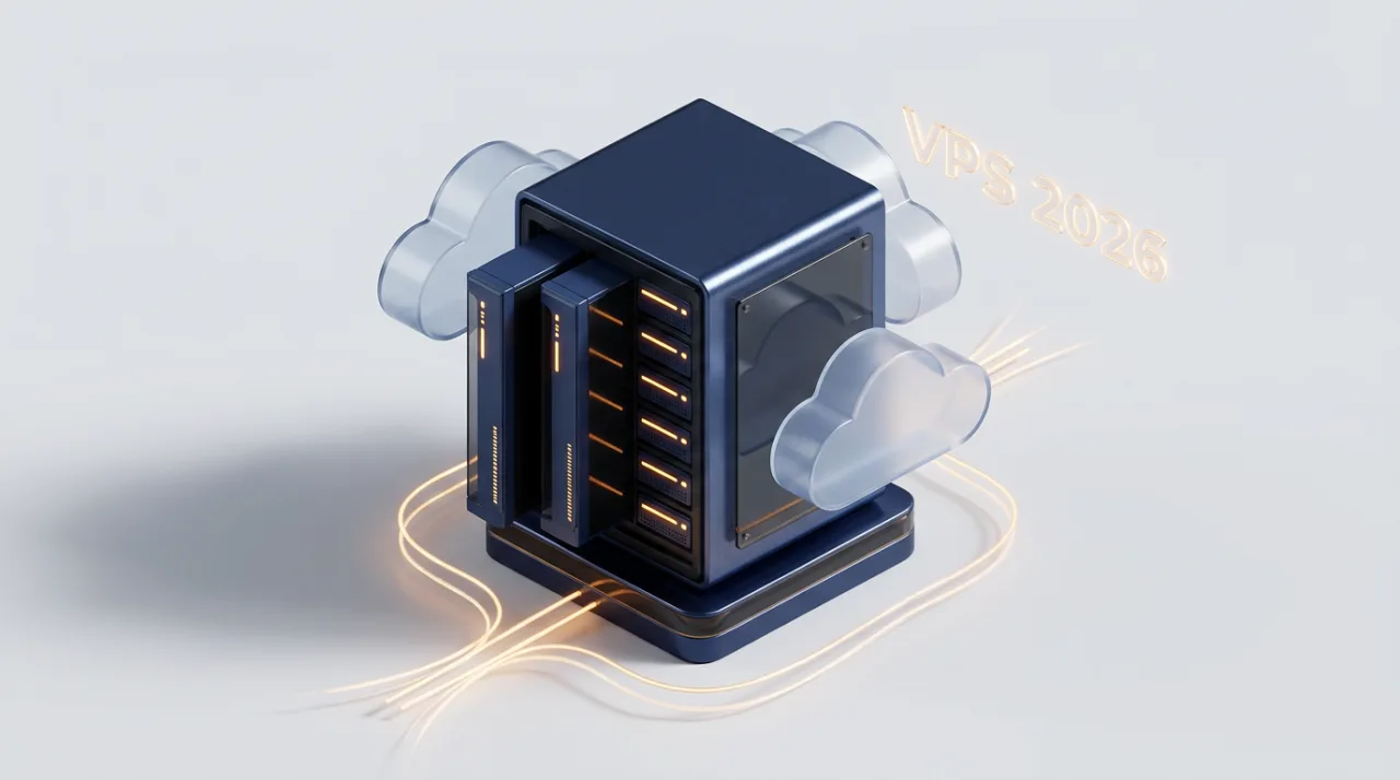 3D-иллюстрация серверной стойки и виртуального облака для обзора VPS Selectel 2026 года.