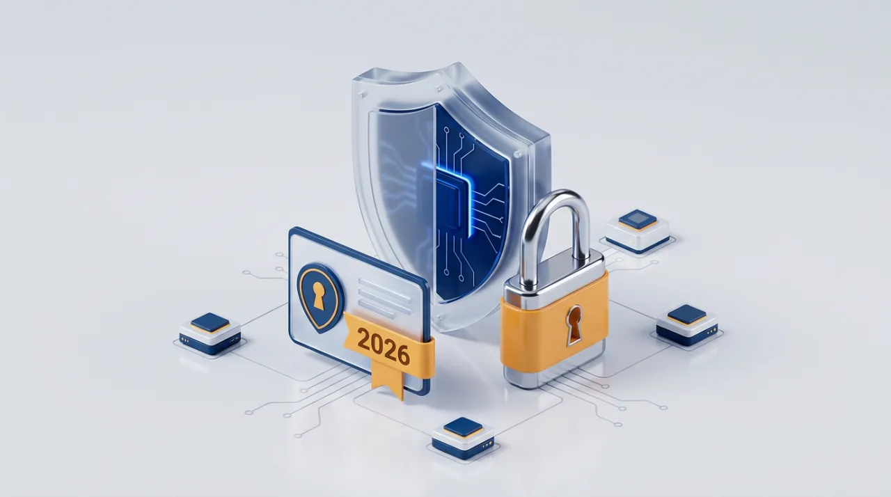 3D-иллюстрация защитного щита и замка, символизирующих изменения SSL-сертификатов 2026 года