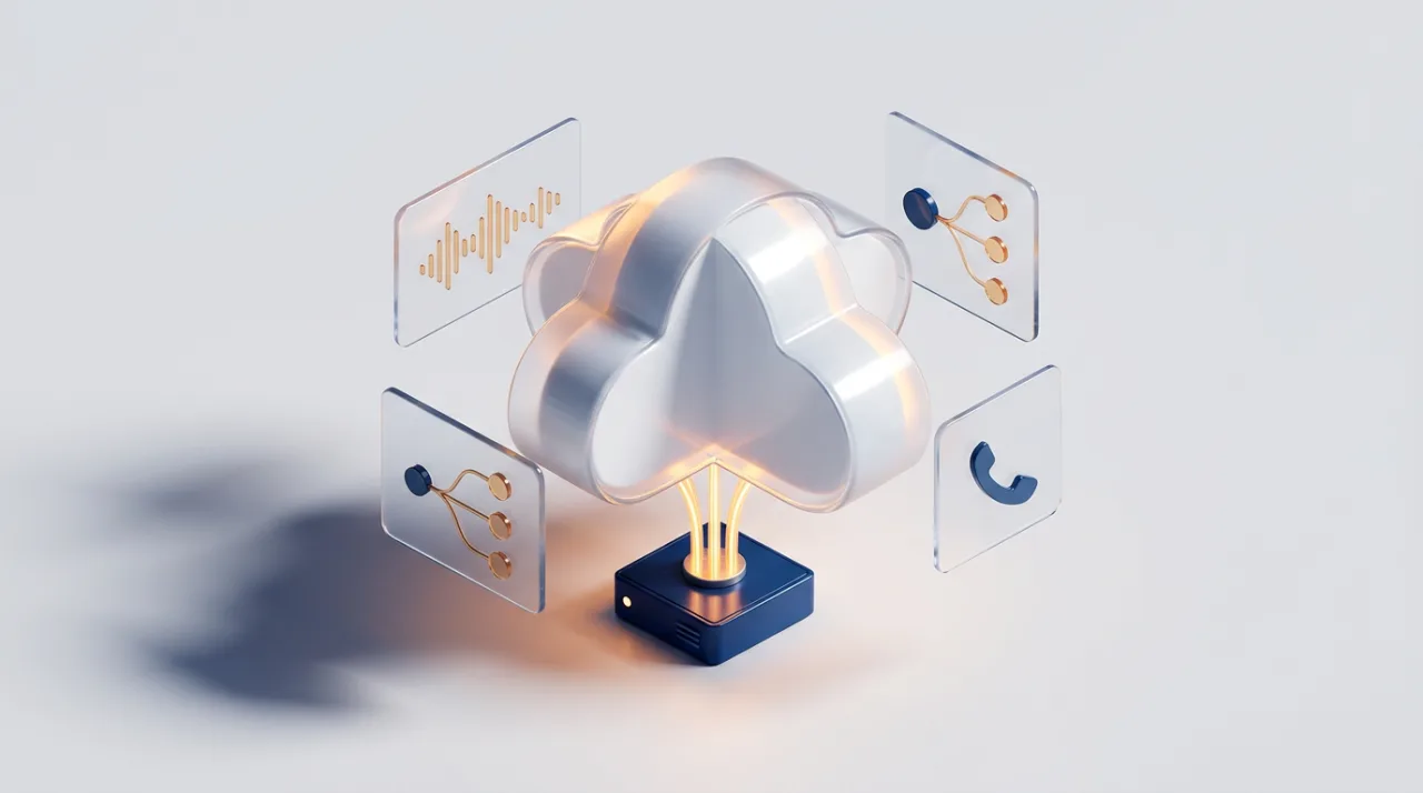 Изометрическая 3D-иллюстрация виртуальной АТС: облачный узел связи и маршрутизация звонков.