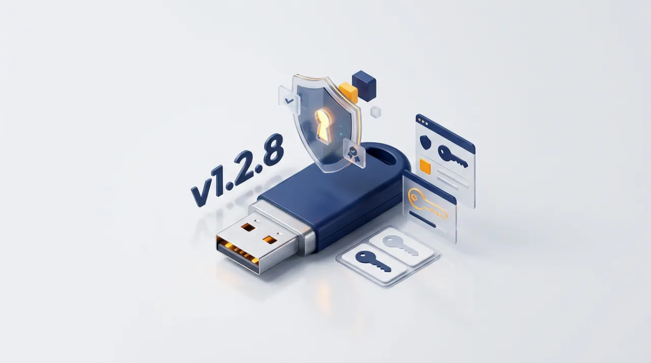 3D-иллюстрация USB-токена с цифровым защитным щитом и версией 1.2.8 для СКЗИ
