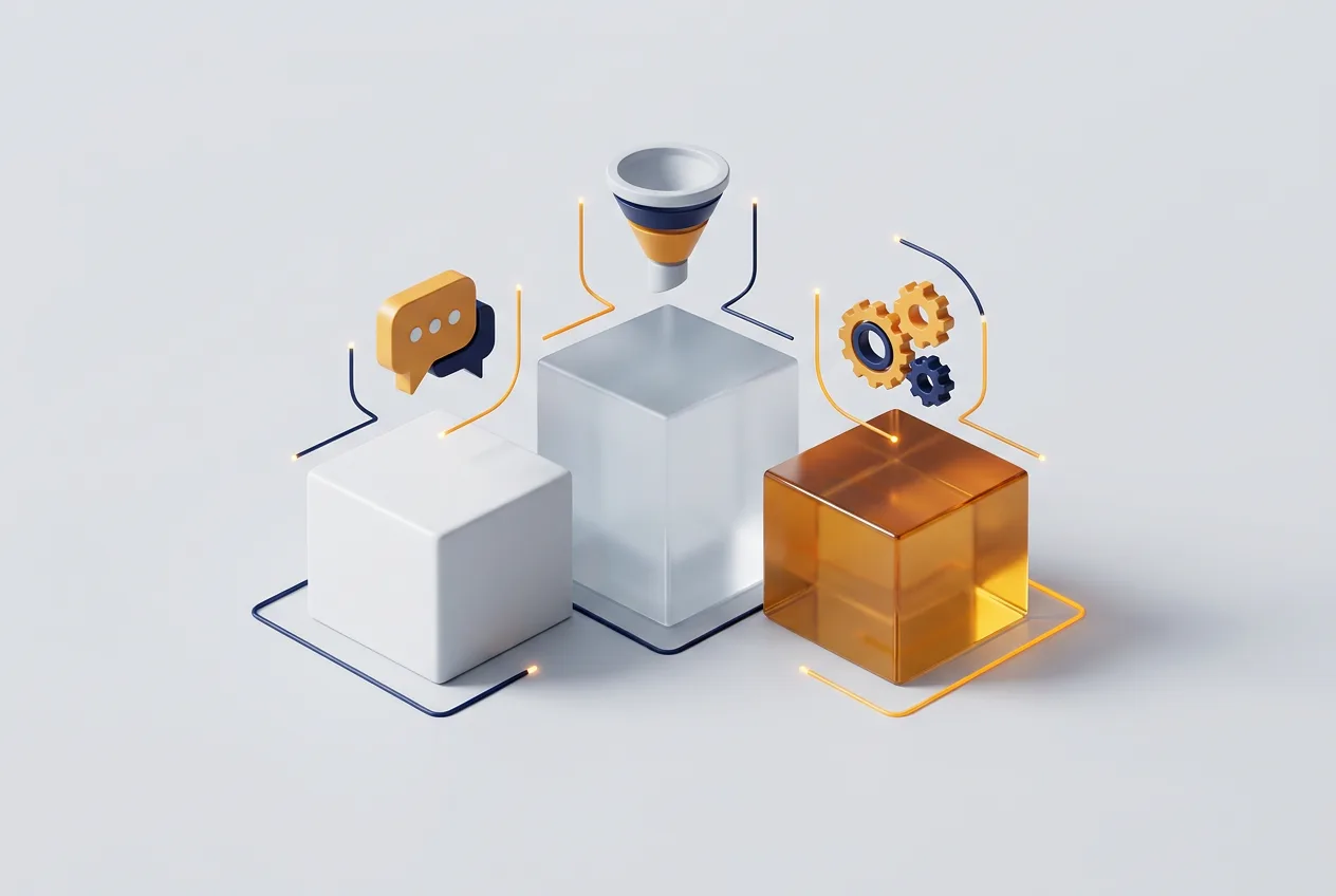 3D-сравнение CRM-систем: OkoCRM, amoCRM и Битрикс24 на трех изометрических подиумах