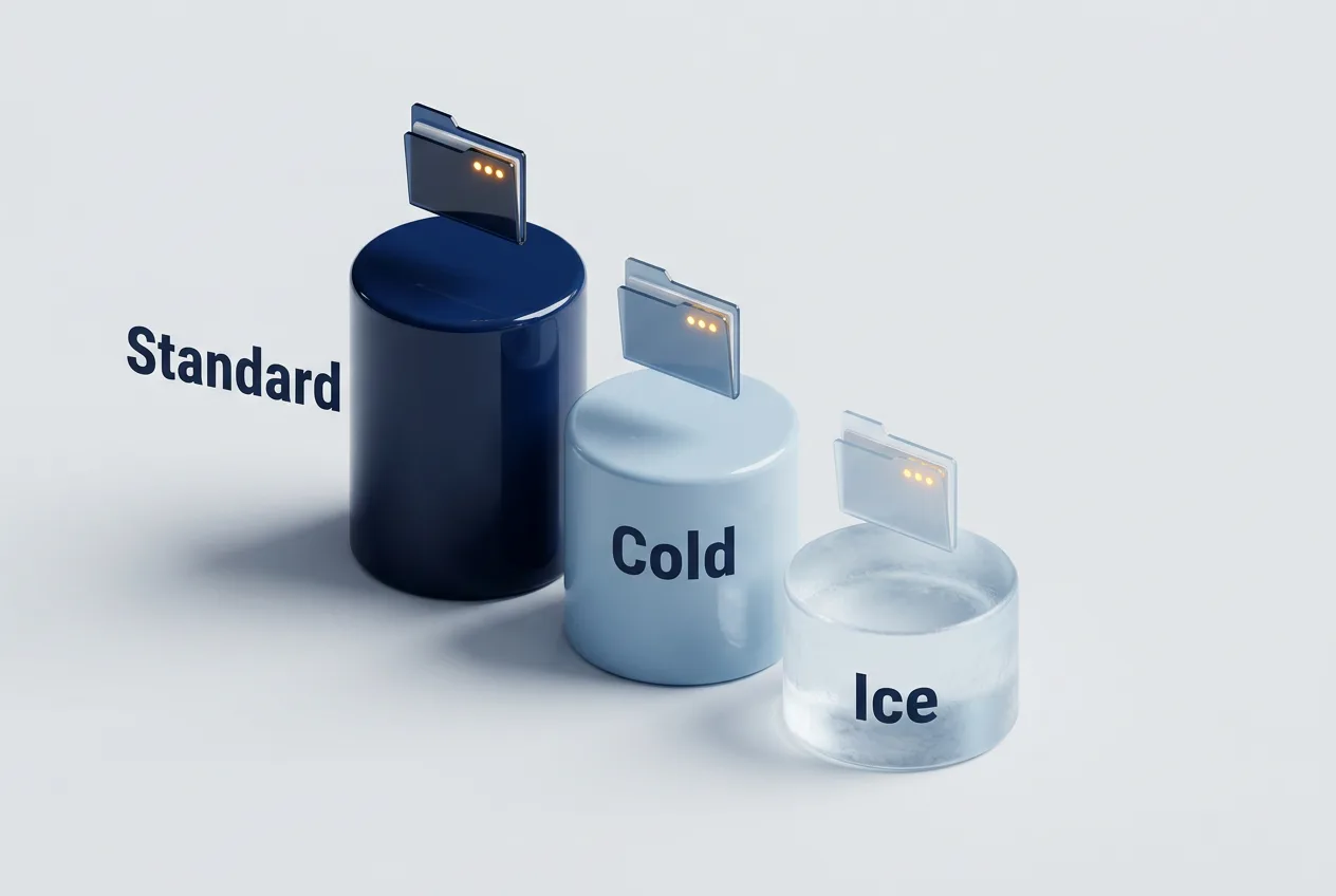 3D-схема классов облачного хранилища: Standard, Cold и Ice с тарифами
