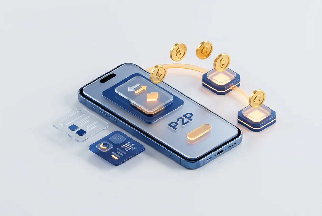 3D-иллюстрация P2P-торговли и альтернативных криптобирж со смартфоном на светлом фоне.