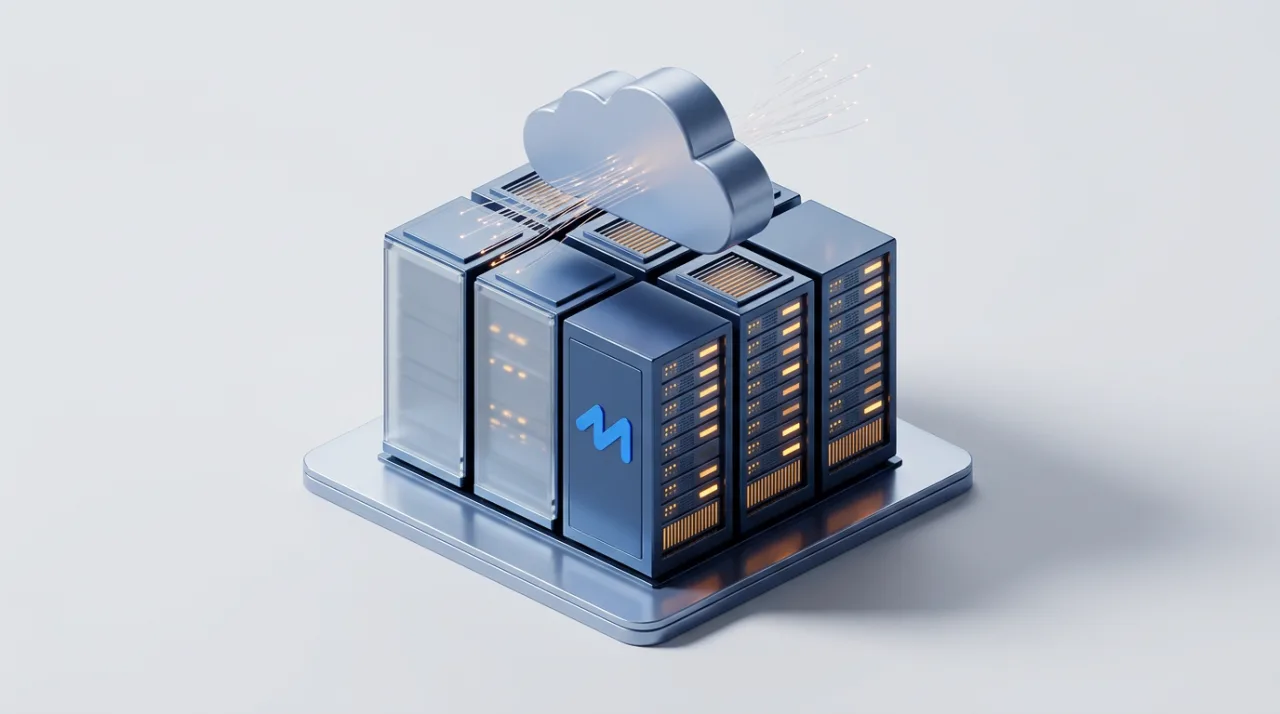 3D-иллюстрация серверных стоек европейского VPS-хостинга mhost.ee с облачными технологиями