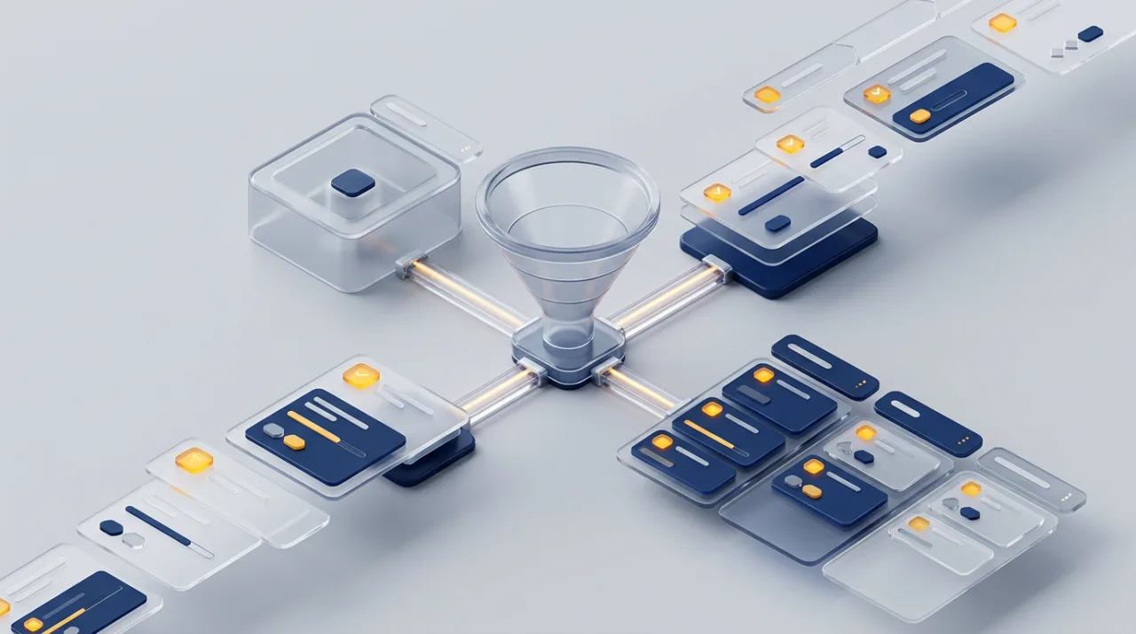 3D-иллюстрация CRM-системы OkoCRM: автоматическая связь воронки продаж и проектов в изометрии